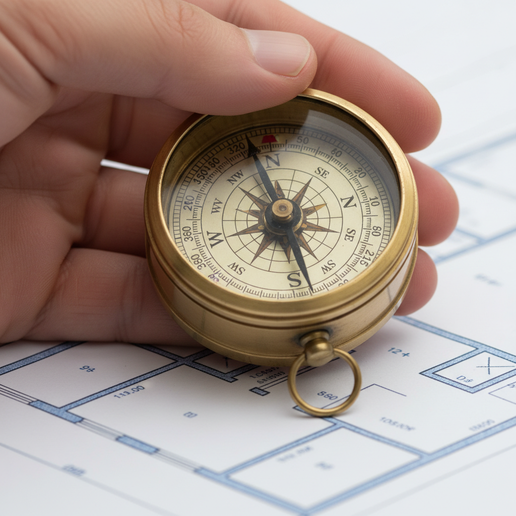 Close-up of Vaastu compass over a house plan illustrating Vaastu consultation cost factors like scope, format, and remedies