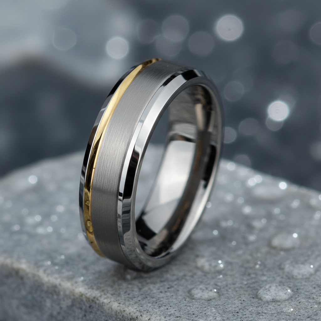 Macro close-up of a brushed tungsten carbide wedding band with polished beveled edges and optional 14k gold inlay, showing texture and durability