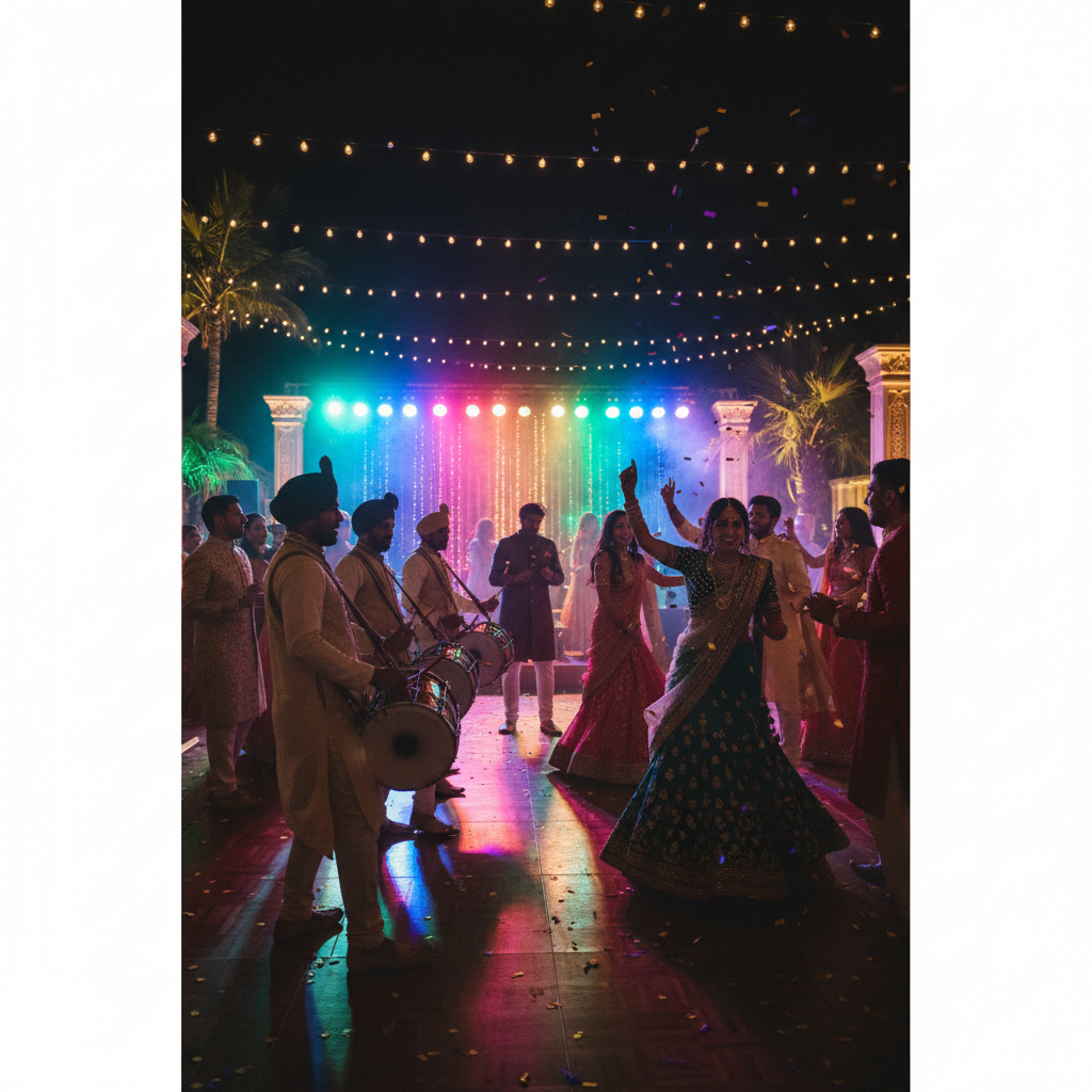 Sangeet dance floor with dhol players and colorful lighting in London coordinated by wedding event organizers