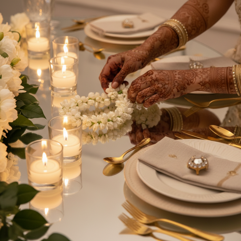 Close-up of jasmine garlands and mehndi hands styling a mirrored tablescape for a South Asian wedding in London, optimized by event organizers for wedding