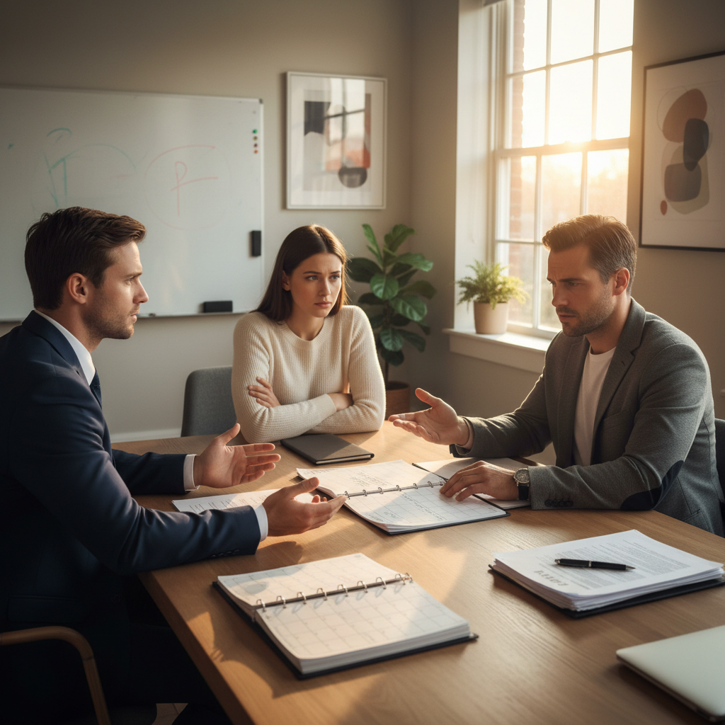 Mediation scene showing spouses and mediator discussing a parenting schedule in a professional setting