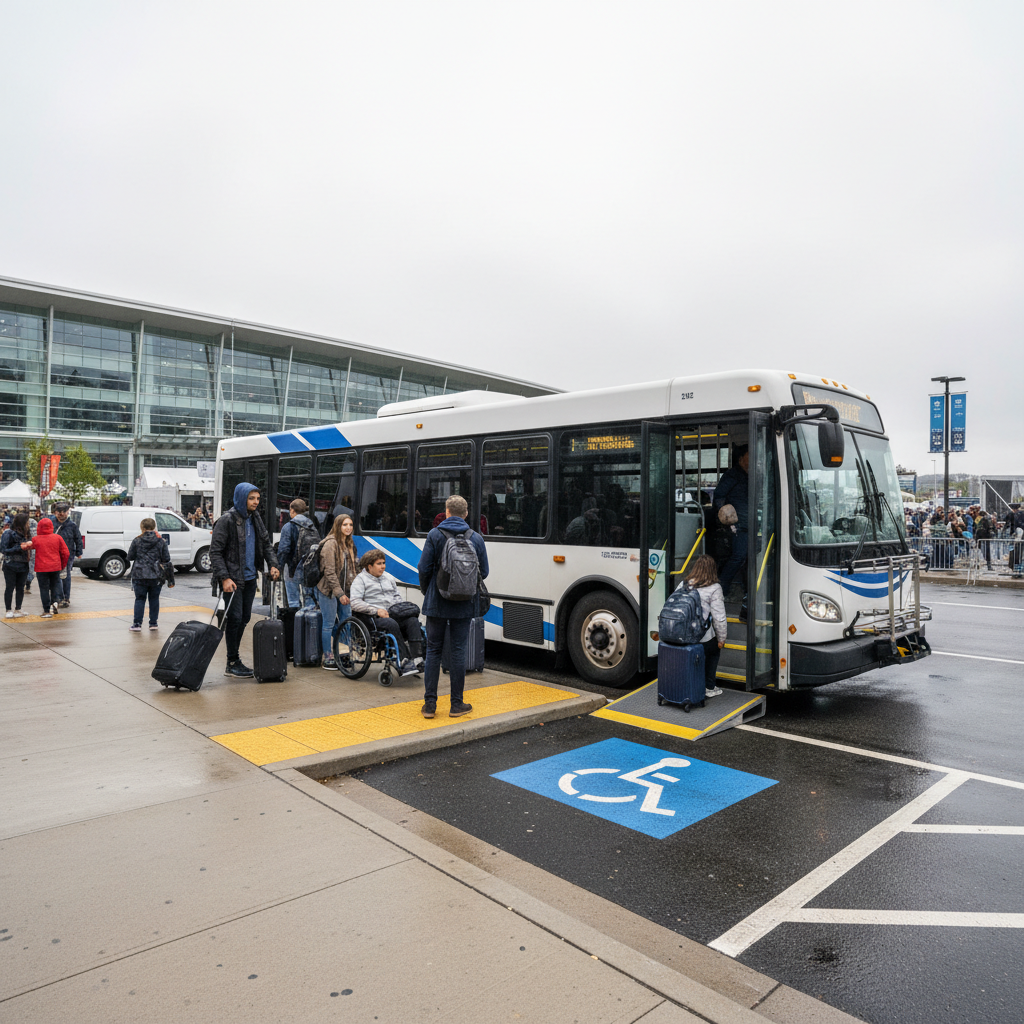 Shuttle pickup zone with guests boarding and visible accessible parking at a large Mississauga event venue