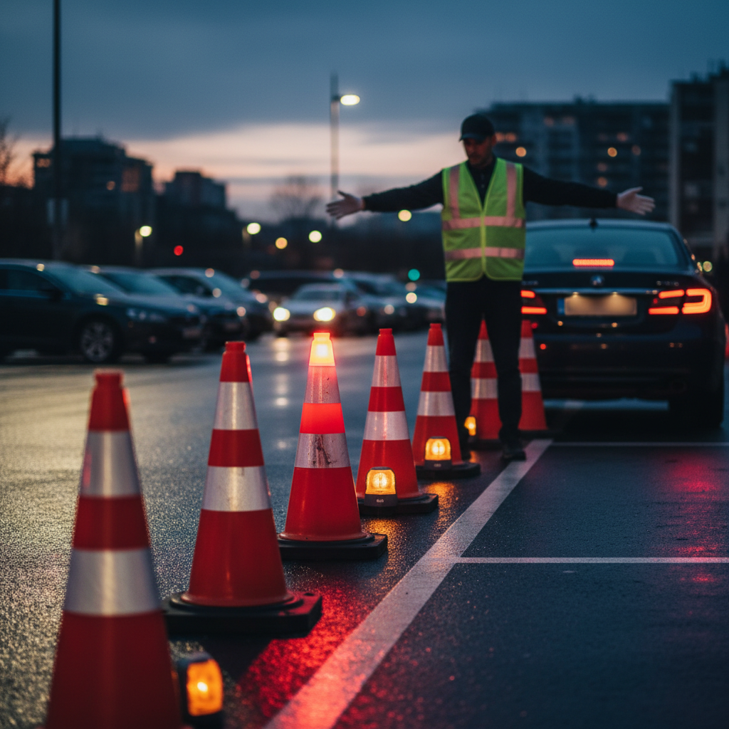 Detail of event parking operations with cones, LED beacons, and attendant guiding vehicles at Mississauga Convention Centre