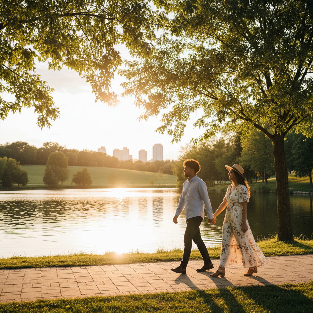 Common law immigration in Brampton: couple walking near a lakeside park at golden hour, symbolizing genuine ongoing partnership