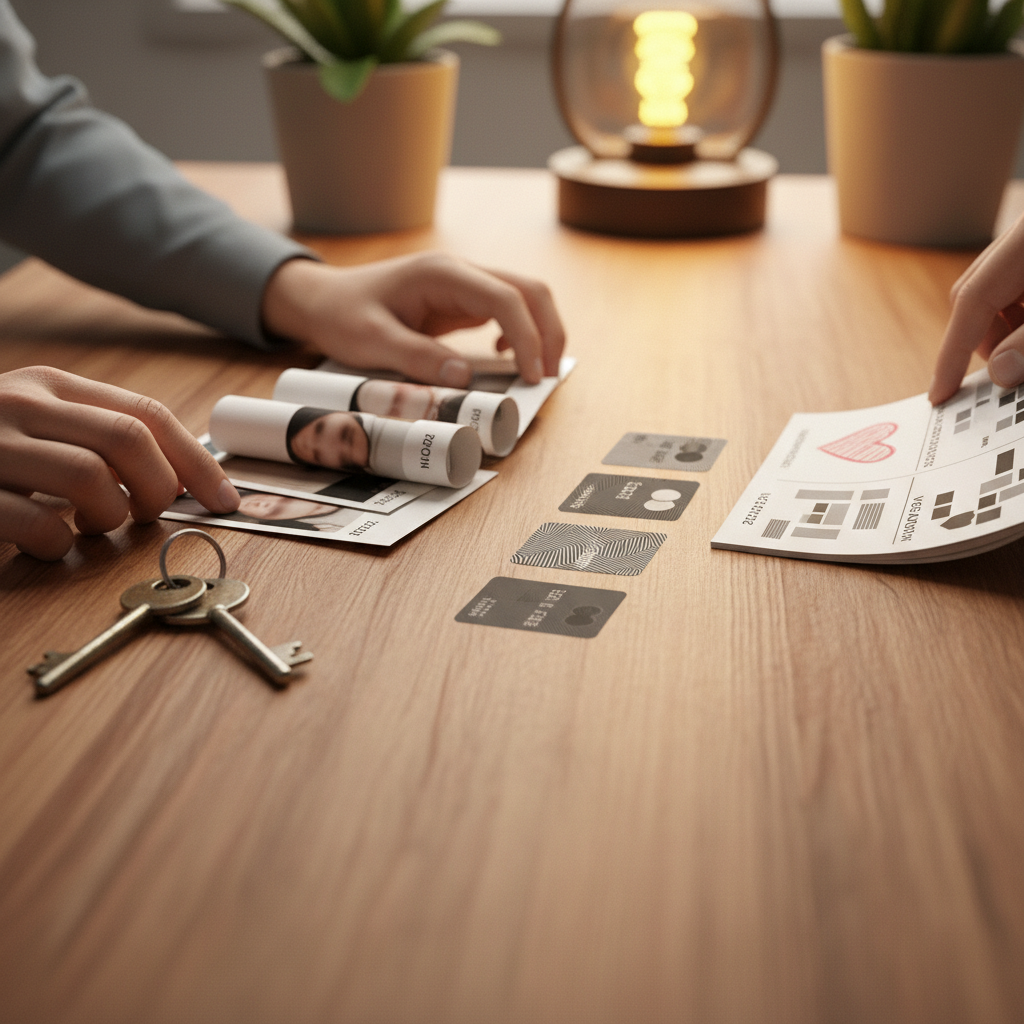 Common law immigration evidence: close-up of hands organizing cohabitation proof like keys, photos, and utility items in a Brampton case
