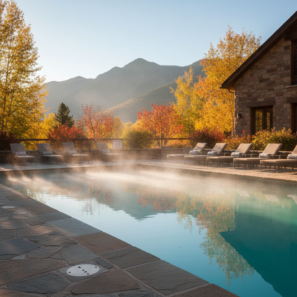 Outdoor heated pool at a North Conway motel with early fall foliage, a comfortable stop for family-friendly White Mountain lodging