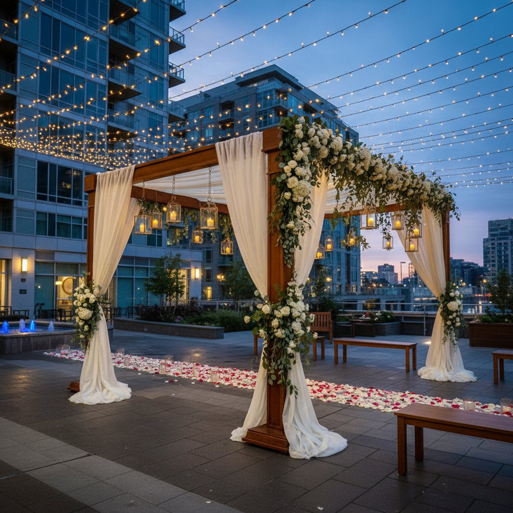 Evening outdoor mandap setup with string lights at Mississauga Convention Centre patio for a South Asian wedding ceremony in the GTA