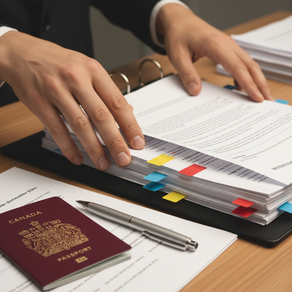 Close-up of hands organizing immigration hearing documents, binder tabs, and a Canadian passport for deportation defense evidence preparation