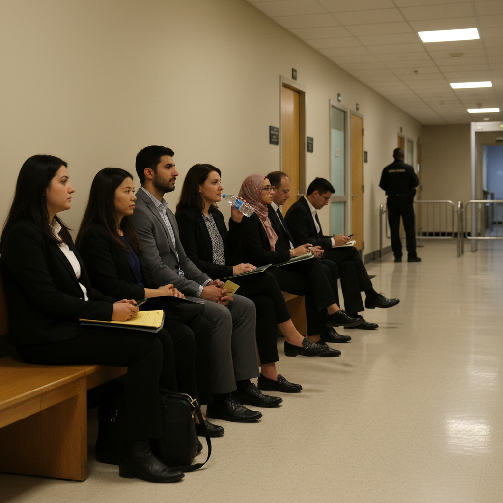 Hallway outside a Canadian immigration hearing room with people waiting, illustrating appeals and judicial review context