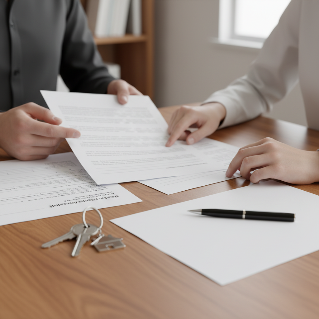 Close-up of hands reviewing a listing agreement, disclosures, and house keys—documentation central to a REALTOR® listing service in Edmonton.