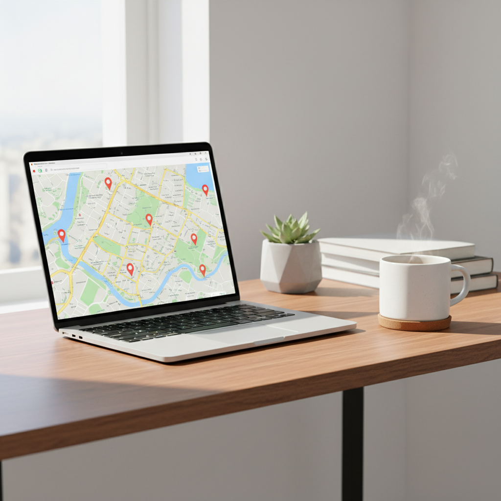 Laptop with neighborhood map search and home pins—visualizing MLS-powered exposure used in a REALTOR® listing service for Edmonton homes.