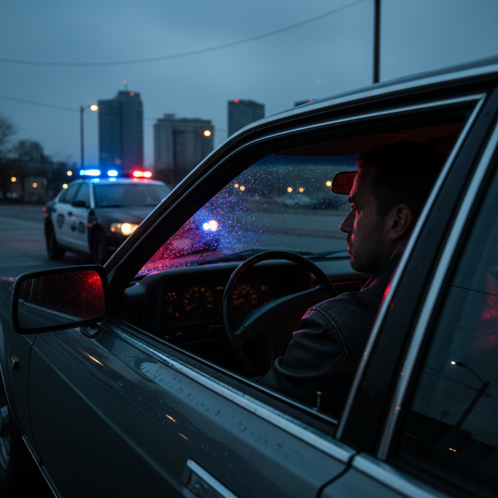 Driver in parked car with police lights reflecting in mirror, showing the urgency to hire a lawyer for speeding tickets after a roadside stop