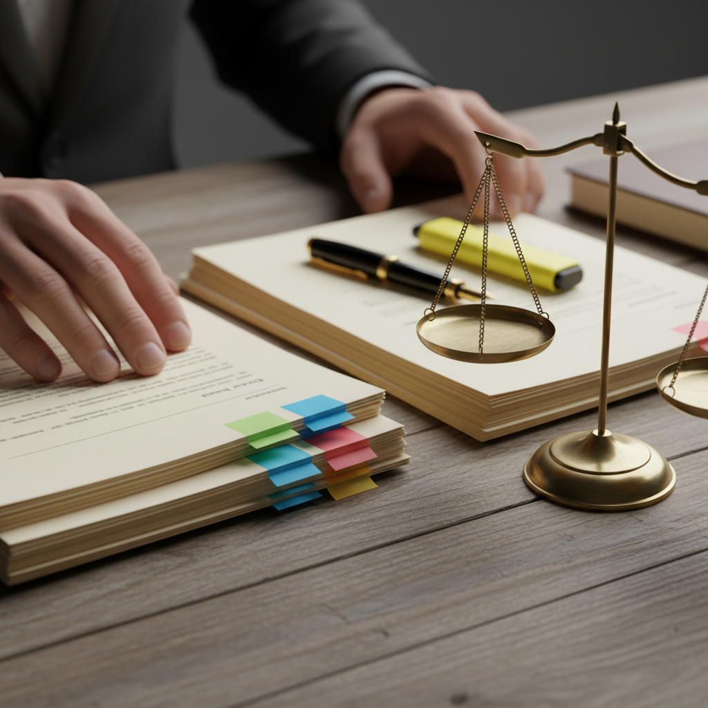Close-up of licensed paralegal organizing legal documents and evidence tabs for Ontario Small Claims Court and traffic matters