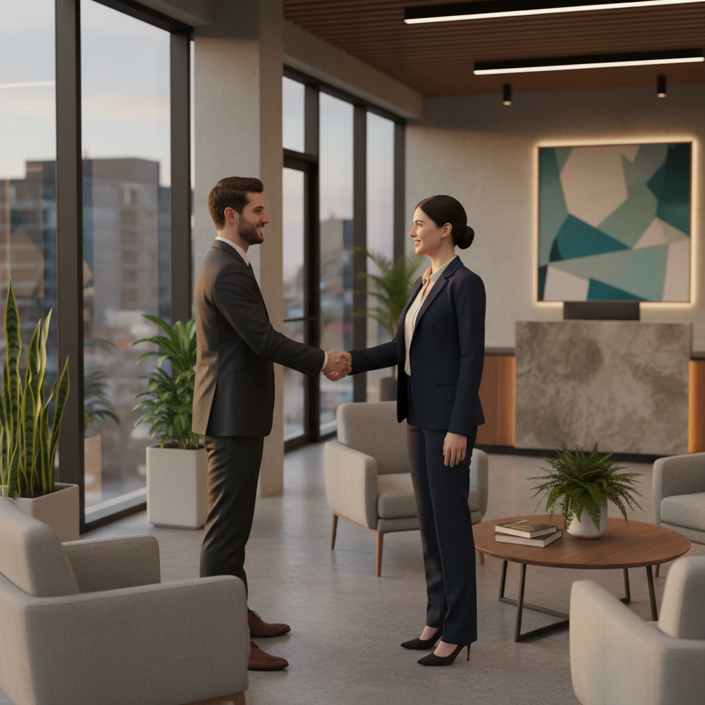 Client greeting a licensed paralegal in a modern Brampton law firm reception area before a Provincial Offences Court matter