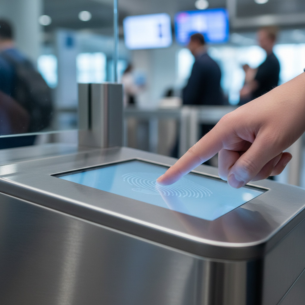 Biometric fingerprint scan close-up for family immigration process at airport checkpoint