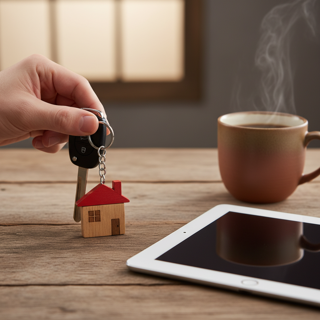 Ontario bundle insurance concept with house and car keys next to tablet, illustrating best home and auto insurance in Ontario