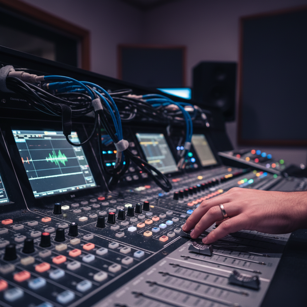 Close-up of a professional audio mixing console during a conference AV setup, showing faders, XLR cables, and a technician’s hand adjusting levels for reliable conference sound