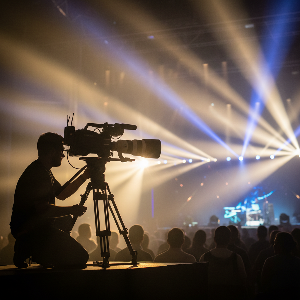 Camera operator filming a keynote on tripod during a large conference at a modern venue, with stage lighting beams and audience silhouettes