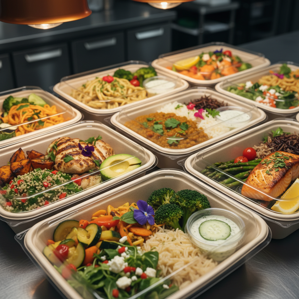 Individually packaged office catering meals for meeting catering with clear variety and fresh ingredients