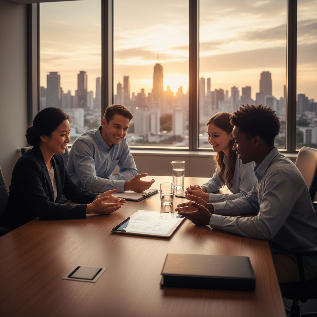 Family meeting an immigration lawyer in Brampton conference room, discussing appeals and regulated immigration consultants verification