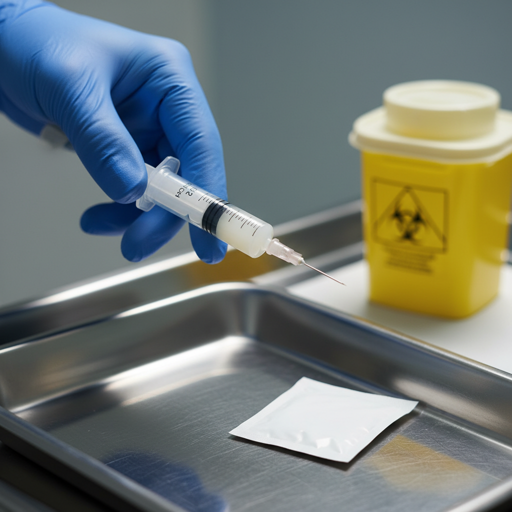 Close-up of a clinician preparing a Sublocade injection syringe, illustrating monthly buprenorphine treatment details