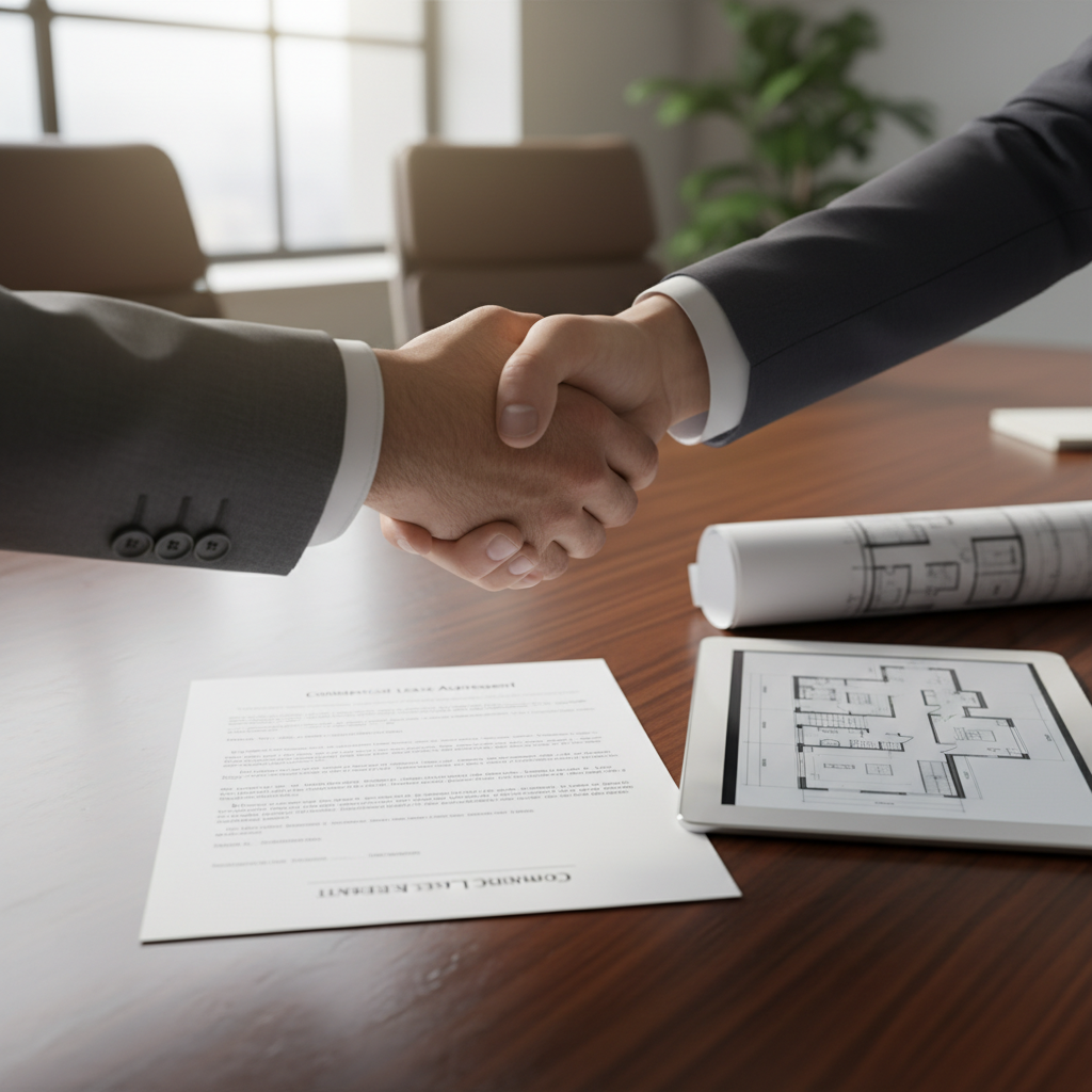Commercial real estate agent handshake over lease and floor plans in Mississauga, illustrating negotiation and documentation
