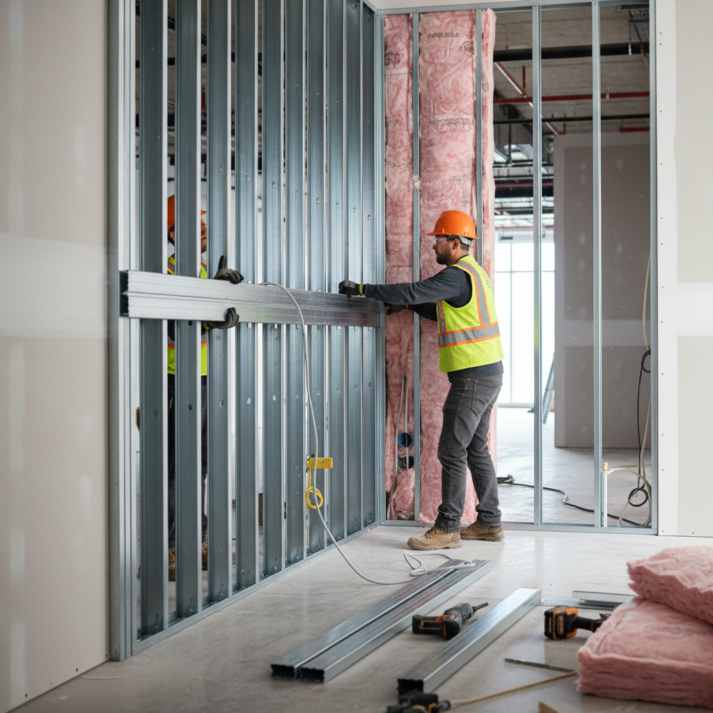 Interior light gauge steel stud wall with resilient channel and insulation being installed for acoustic performance in structural steel framing
