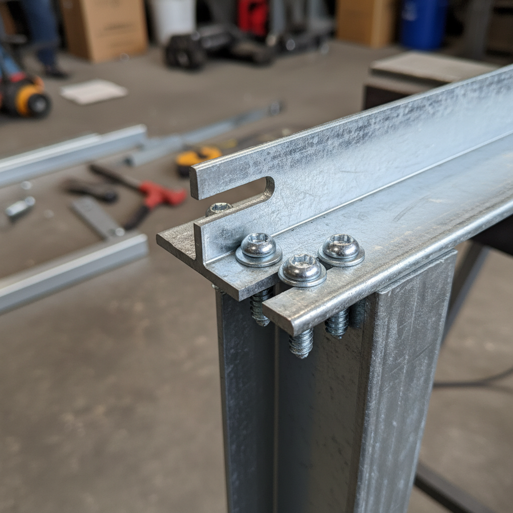Close-up of slotted deflection track connected to heavy-gauge stud for structural steel framing head-of-wall movement