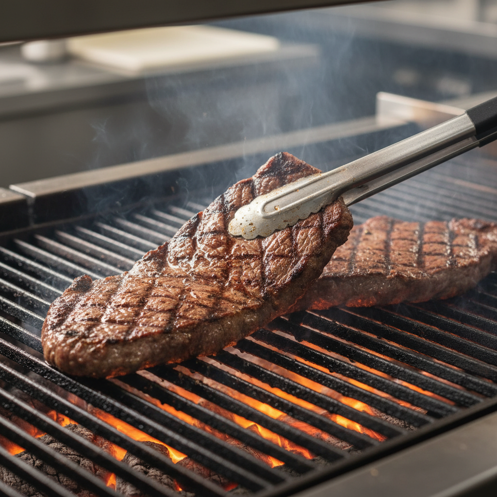 Close-up of sizzling carne asada on the grill with crisp sear marks, a top pick among the best Mexican grilled entrees