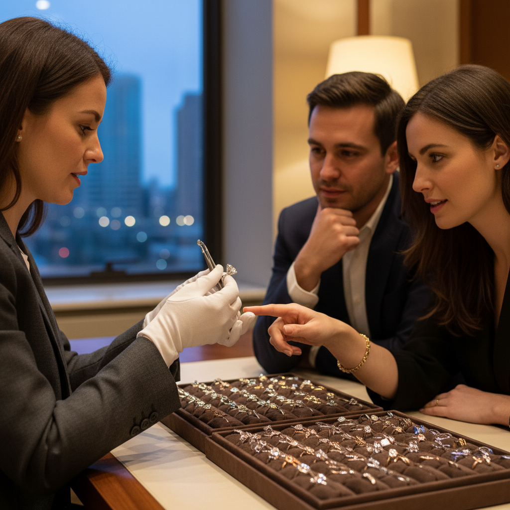 Consultation scene with a jewelry expert and a couple reviewing lab-grown diamond ring settings in Manhattan at Diamond2Deal