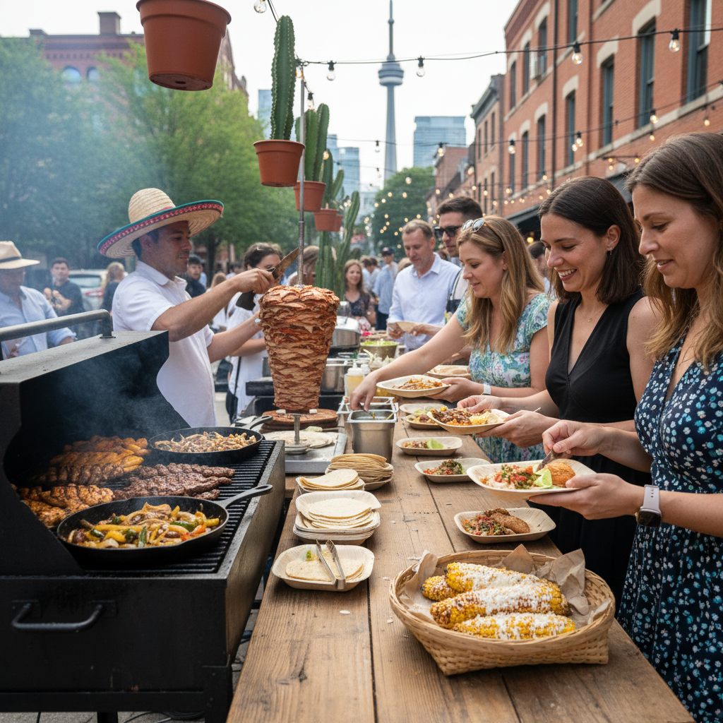 Old Toronto outdoor catering scene with guests serving grilled fajitas and tacos al pastor, ideal for group meals