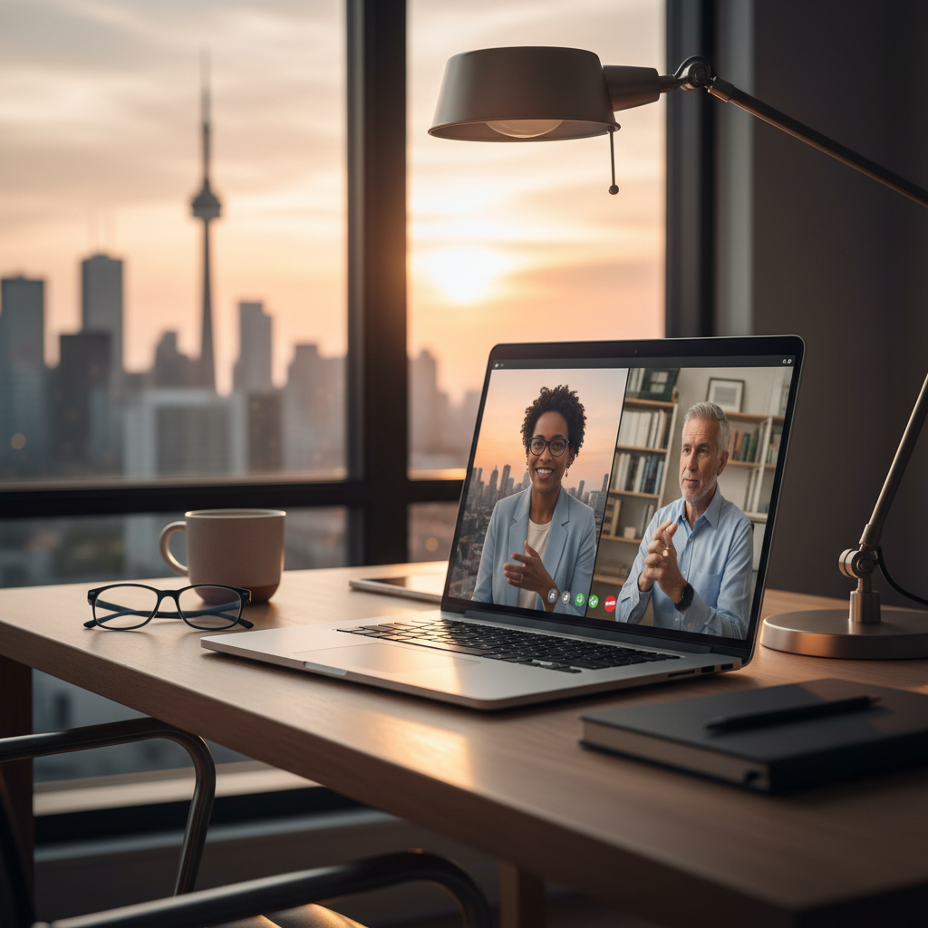 Toronto entrepreneur on a video call with a U.S. LLC advisor reviewing steps to form a company and open banking