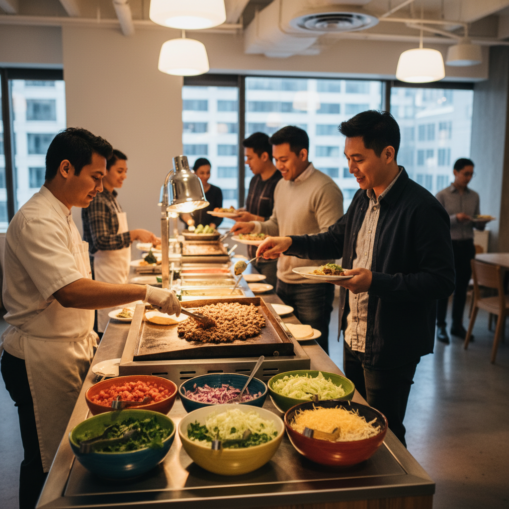 Office buffet line with a live taco station where a chef serves employees during a Toronto corporate lunch