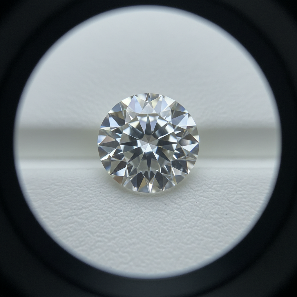 Macro detail of a round brilliant lab-grown diamond under a jeweler’s loupe, showing facets and polish for buyers who want to buy lab grown diamonds