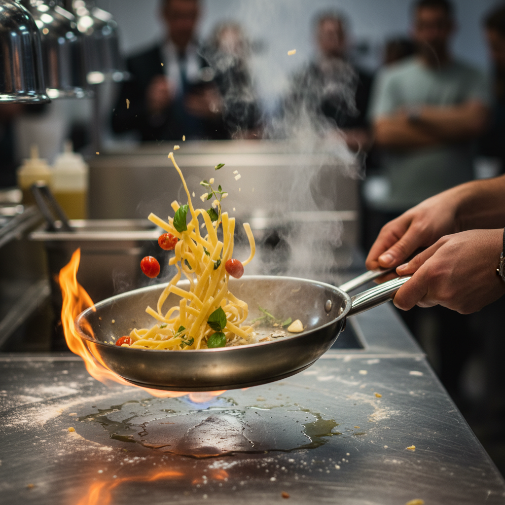 Chef tossing fresh pasta at a live station catering setup for a Toronto office lunch