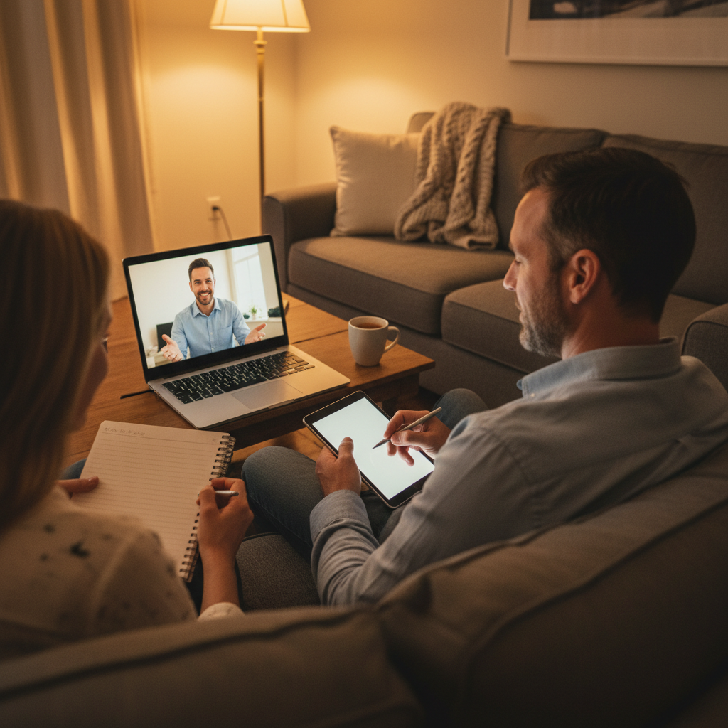 Mortgage broker video call scene with homeowners taking notes while reviewing refinance your home loan options and features on a laptop