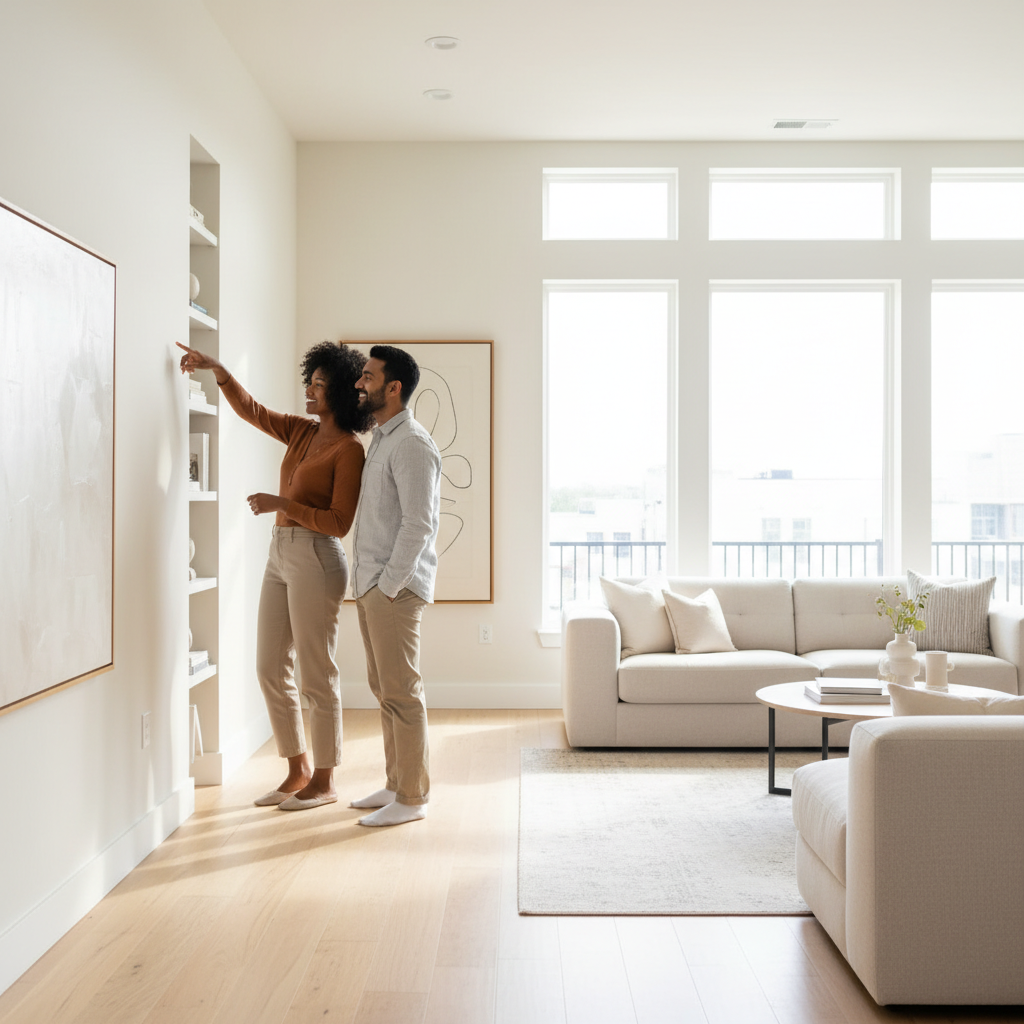 Prospective buyers touring a bright living room during a for sale by owner showing, demonstrating a smooth Houseup scheduling and viewing experience