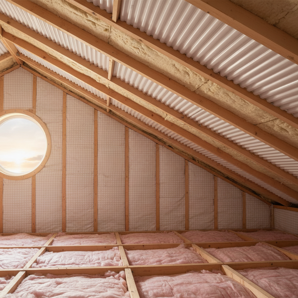 Finished attic after mold remediation with clear ventilation baffles, clean framing, and restored insulation