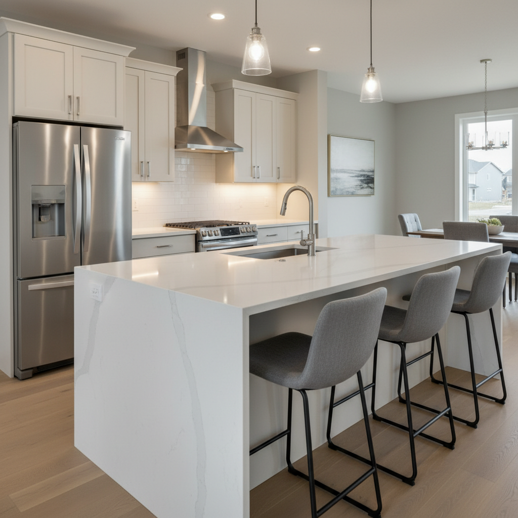 Modern Edmonton kitchen in a Cy Becker-style new build with quartz island, stainless appliances, and open layout