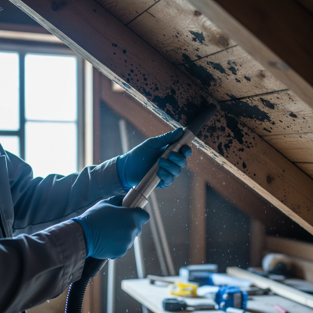 Close-up of HEPA vacuum cleaning attic mold on roof sheathing during professional attic mold remediation