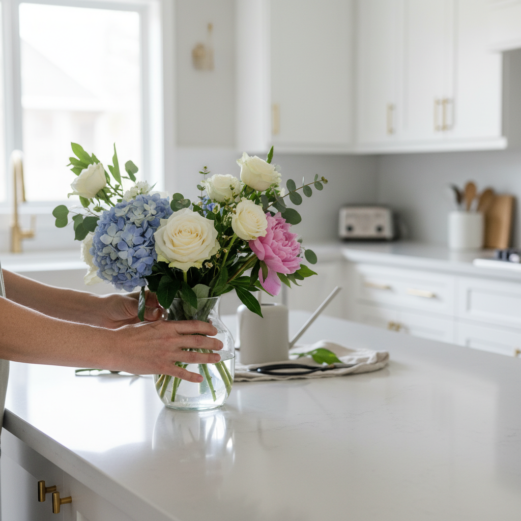 Close-up of staging details for homes for sale by owner: arranging flowers on a bright kitchen island to improve FSBO listing photos