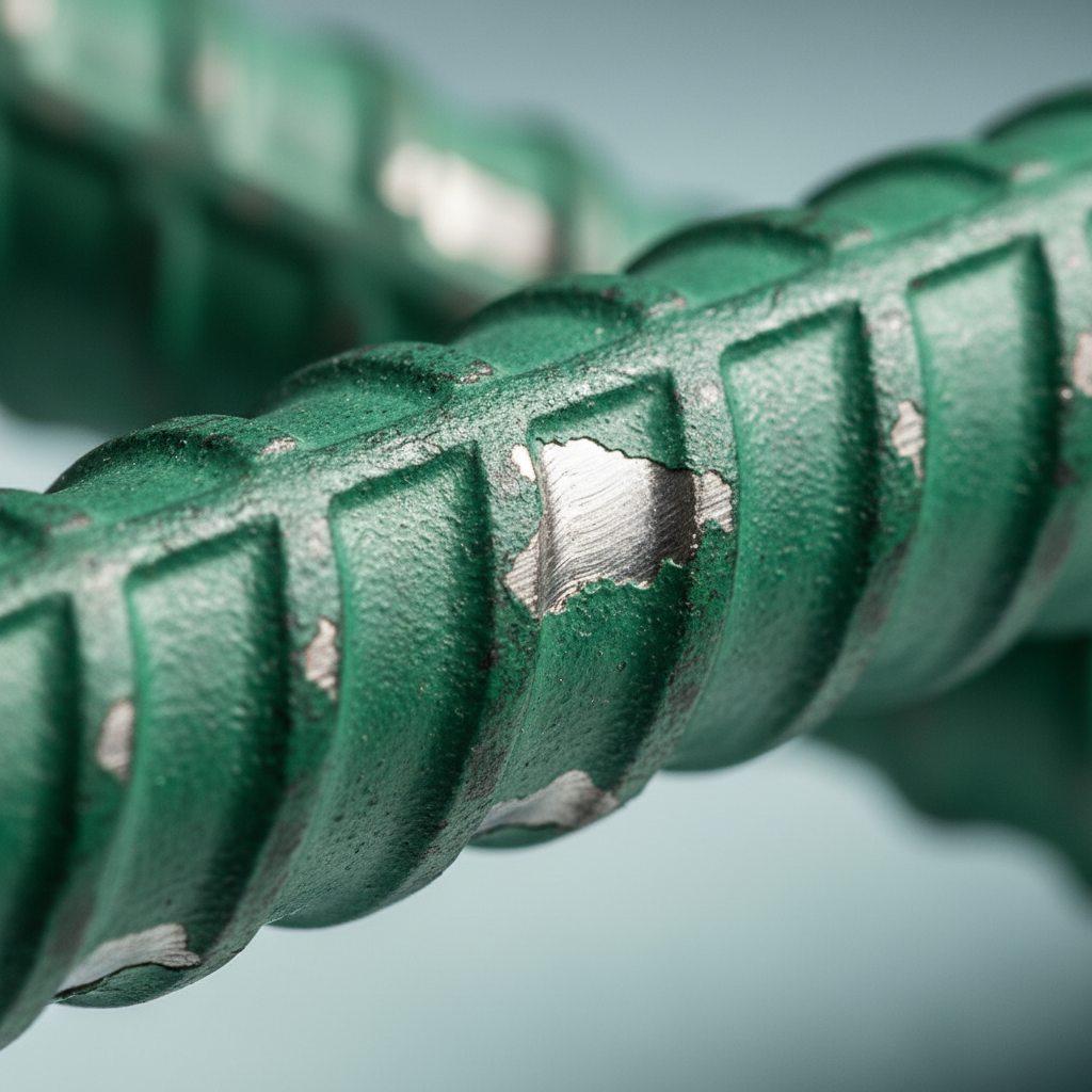 Close-up of fusion-bonded epoxy-coated reinforcing steel showing textured green coating on ribbed rebar