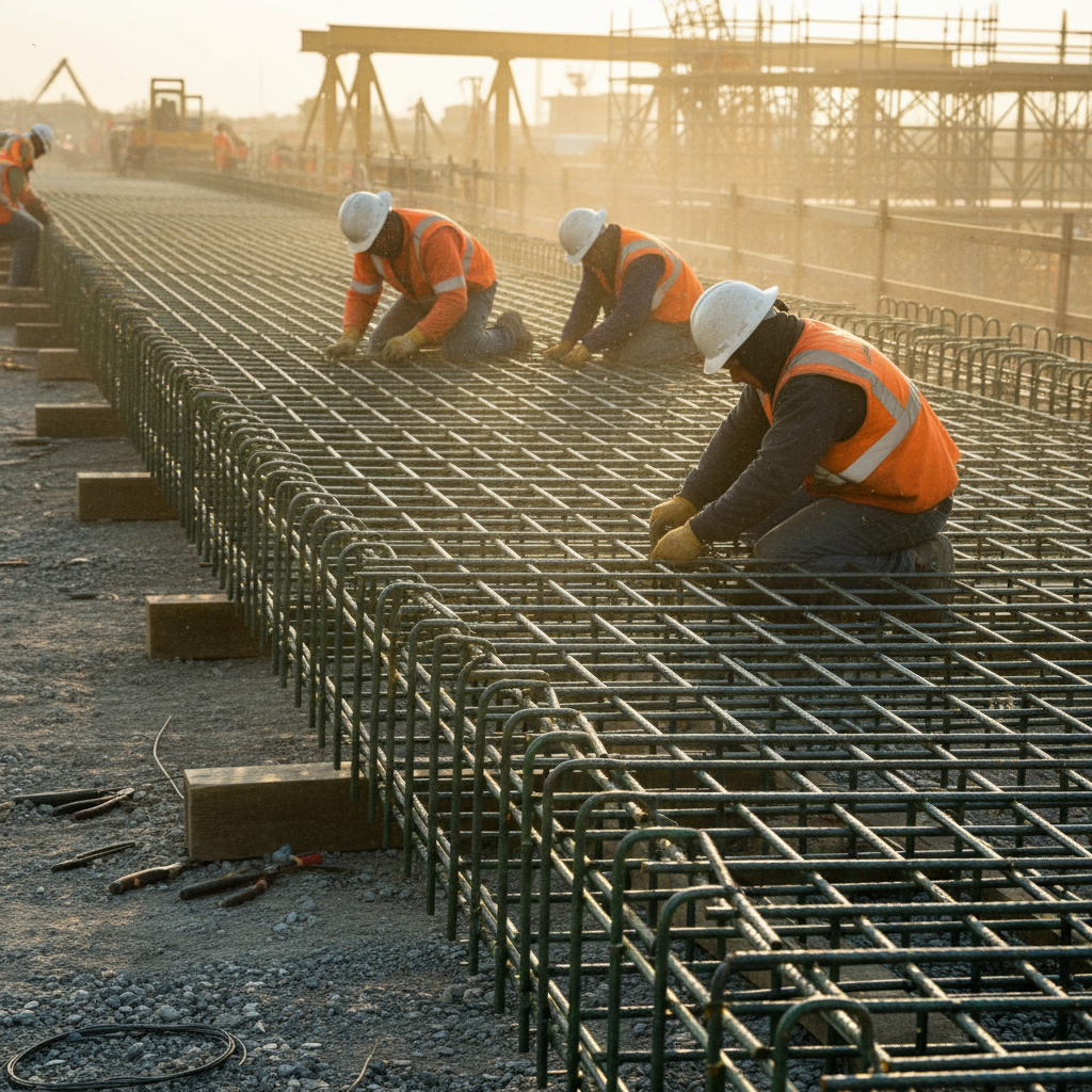 Bridge deck crew tying an epoxy-coated rebar cage with proper chairs and spacing under late-afternoon light