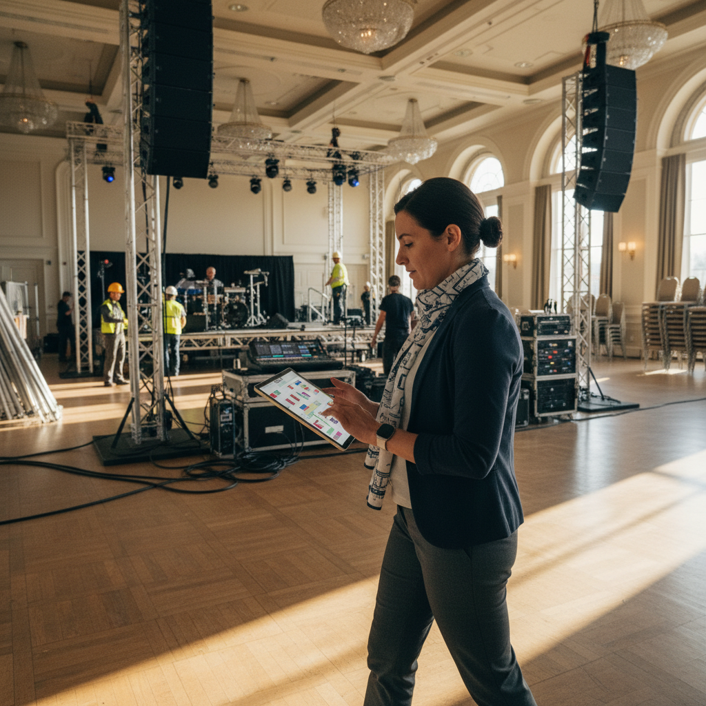 Event planner reviewing a digital floor plan on a tablet in an empty ballroom set for an all-inclusive package with staging and AV in Mississauga