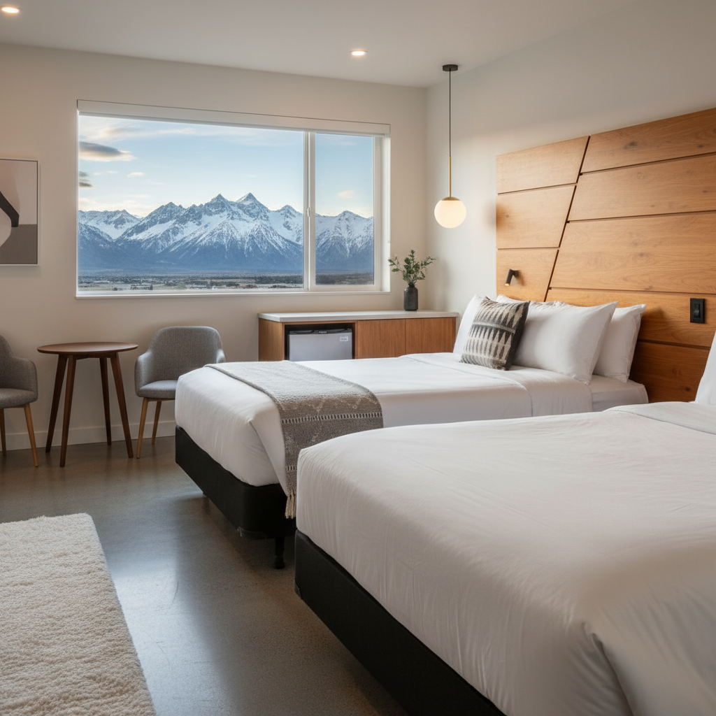 Renovated North Conway motel room interior with two queen beds, mountain-view window, and practical amenities for affordable rooms