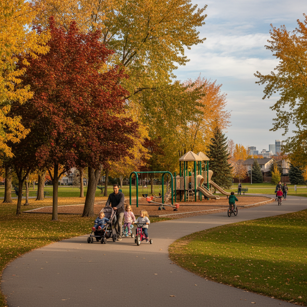Family-friendly park and pathways reflecting the walkable lifestyle near Cy Becker in northeast Edmonton