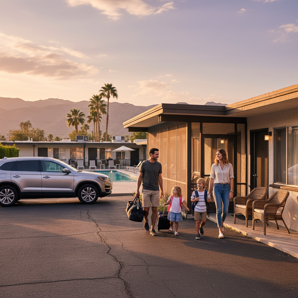 Family-friendly motel scene with enclosed porch facing heated outdoor pool and parking steps from the door in North Conway