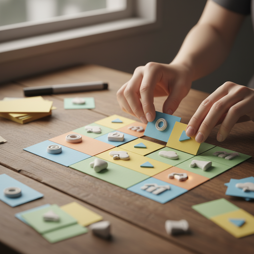 Close-up of a visual content calendar for content strategy planning, showing colored cards and tokens; SEO-focused planning detail