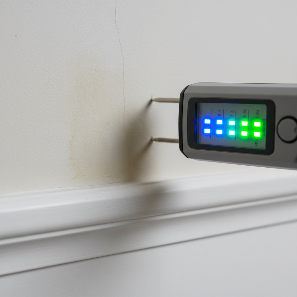 Inspector using a moisture meter during dry wall inspection near a baseboard