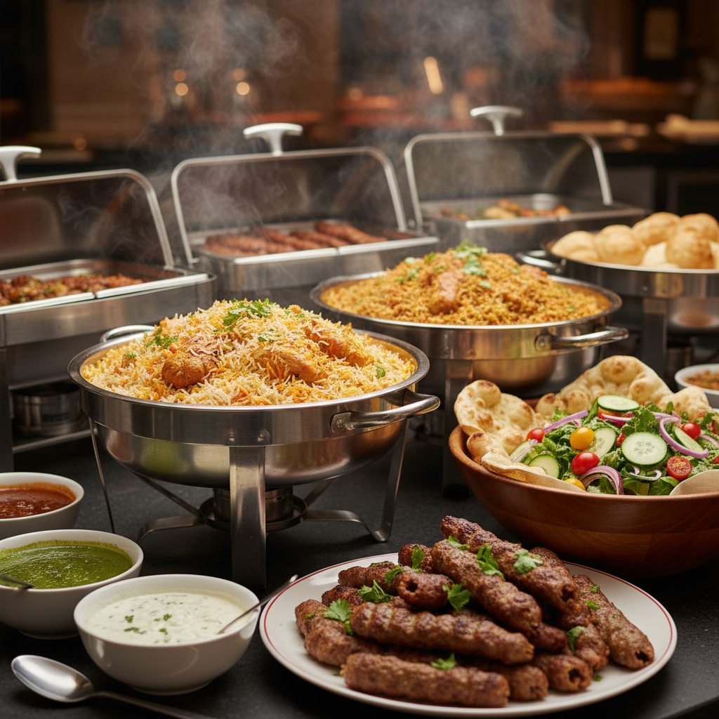 Close-up of Halal South Asian buffet dishes in chafing pans at a Mississauga all-inclusive event package, showcasing biryani, kebabs, chutneys, and naan